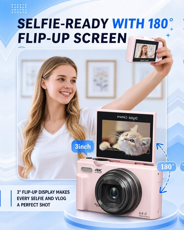 Alt view image 5 of 7 - 4K Digital Camera for Beginners & Teens, Compact Vlogging Camera with 180° Flip Screen, Autofocus, Easy-to-Use for Travel & YouTube, 18X Zoom, WiFi, 2 Batteries, 32GB Card