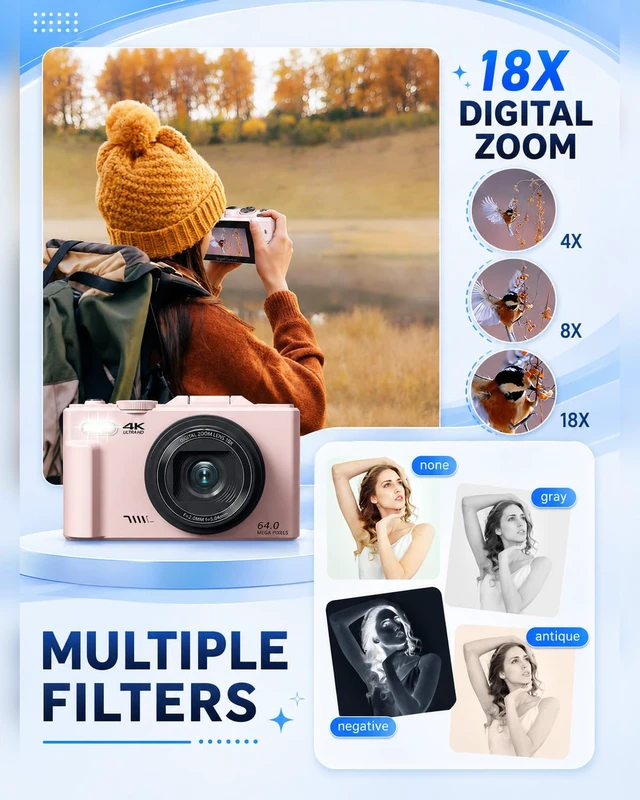 Alt view image 6 of 7 - 4K Digital Camera for Beginners & Teens, Compact Vlogging Camera with 180° Flip Screen, Autofocus, Easy-to-Use for Travel & YouTube, 18X Zoom, WiFi, 2 Batteries, 32GB Card