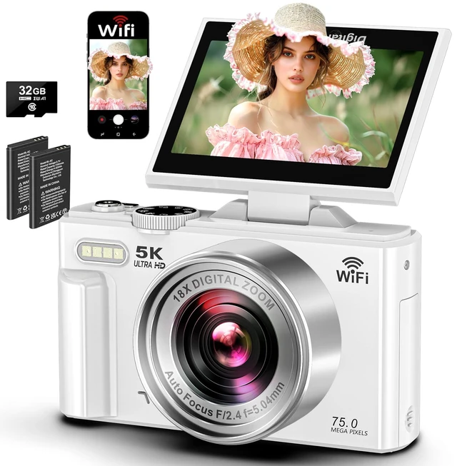 Main image of 5K Digital Camera WiFi Cameras for Photography 75MP UHD Autofocus Vlogging 5K 75MP White, WiFi Autofocus Vlogging Camera for YouTube, Compact 3" 180° Flip Screen, 18X Zoom, 32GB Card, Batteries