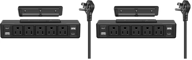Main image of 40W Under Desk Power Strip Mountable,20W USB-C Fast Charging Flat Plug Power Strip Surge Protector 1200J,9 in 1 Desk Outlet,5 Outlets,2 USB-C,2 USB-A,10FT Extension Cord Black (Pack of 2)