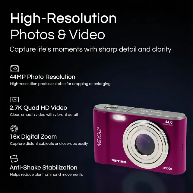 Alt view image 2 of 7 - MND20 44 MP 2.7K Ultra HD Digital Camera (Magenta) G-sensor protects important footage while loop recording keeps you ready for every drive