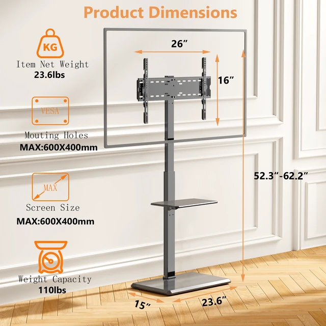 Alt view image 3 of 7 - Floor TV Stand with Removable Media Shelf for 32-75 Inch TVs up to 110 lbs ±30° Swivel Height Adjustable Cable Management Safety Lock Wood Base Ideal for Living Room, Bedroom, Office