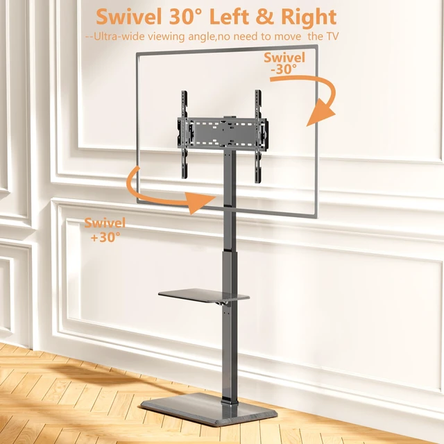 Alt view image 5 of 7 - Floor TV Stand with Removable Media Shelf for 32-75 Inch TVs up to 110 lbs ±30° Swivel Height Adjustable Cable Management Safety Lock Wood Base Ideal for Living Room, Bedroom, Office