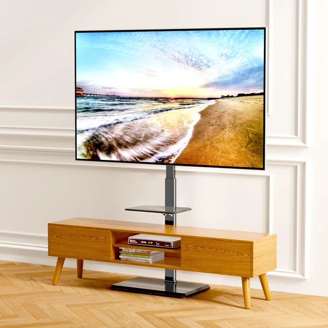 Alt view image 6 of 7 - Floor TV Stand with Removable Media Shelf for 32-75 Inch TVs up to 110 lbs ±30° Swivel Height Adjustable Cable Management Safety Lock Wood Base Ideal for Living Room, Bedroom, Office