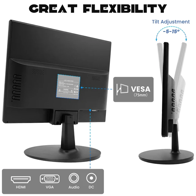 Alt view image 5 of 7 - 15.4-inch Monitor 1200x800 Resolution PC Monitor with HDMI, VGA, 60Hz Refresh Rate, VESA Wall Mount Support, Ideal for Office and Home Use, Black