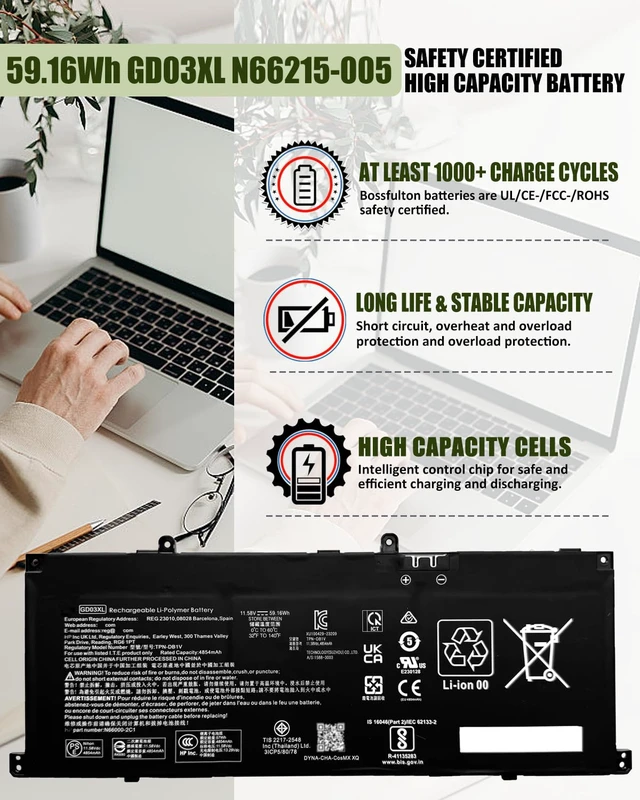 Alt view image 2 of 7 - 59.16Wh GD03XL N66215-005 Battery for HP Envy x360 14 2-in-1 14-fa0000/ EliteBook Ultra G1q/ OmniBook X 14 Series Notebook