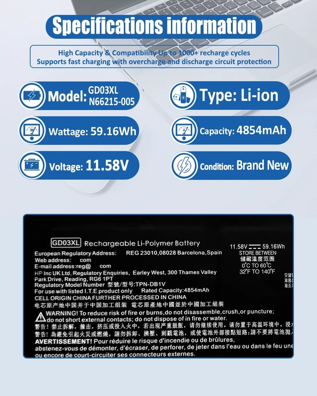 Alt view image 4 of 7 - 59.16Wh GD03XL N66215-005 Battery for HP Envy x360 14 2-in-1 14-fa0000/ EliteBook Ultra G1q/ OmniBook X 14 Series Notebook