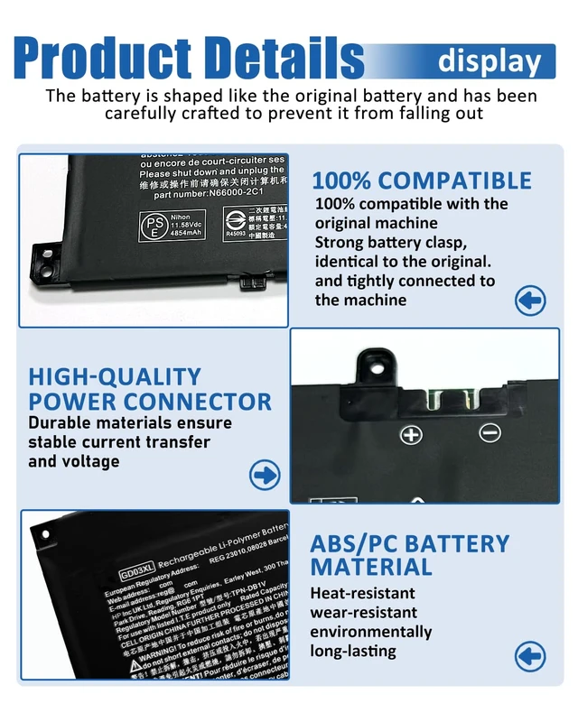 Alt view image 6 of 7 - 59.16Wh GD03XL N66215-005 Battery for HP Envy x360 14 2-in-1 14-fa0000/ EliteBook Ultra G1q/ OmniBook X 14 Series Notebook