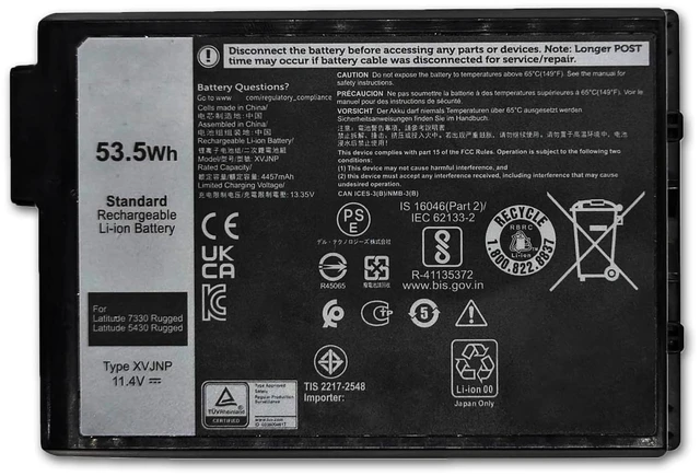 Main image of 53.5Wh XVJNP Laptop Battery Replacement for Dell Latitude 5430 Rugged Extreme Latitude 7330 Rugged Extreme P148G P149G P148G001 P149G001 Series 451-BCWQ 6JRCP M0TN3 06JRCP 0M0TN3 KD1CT 11.4V 4457mAh