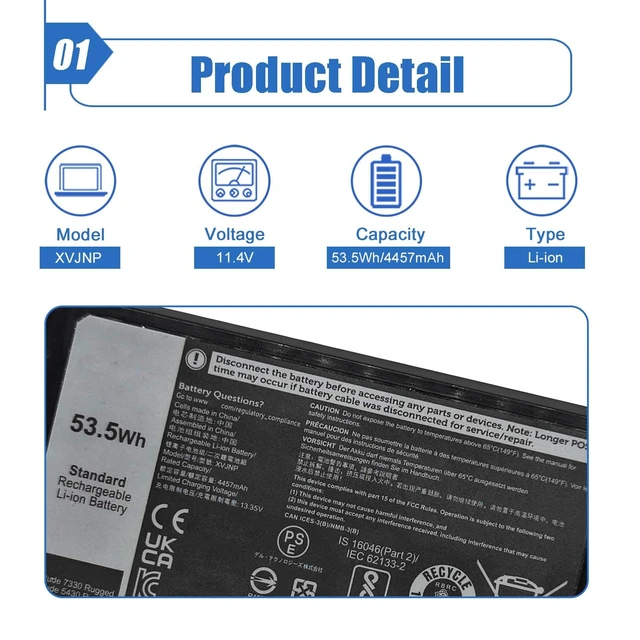 Alt view image 2 of 6 - 53.5Wh XVJNP Laptop Battery Replacement for Dell Latitude 5430 Rugged Extreme Latitude 7330 Rugged Extreme P148G P149G P148G001 P149G001 Series 451-BCWQ 6JRCP M0TN3 06JRCP 0M0TN3 KD1CT 11.4V 4457mAh