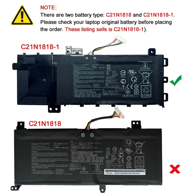 Alt view image 2 of 6 - C21N1818-1 7.7V 37Wh/4850mAh Laptop Battery Compatible with ASUS VivoBook 15 F512 X512 X512DA X512DK X512FA X512FB X512FL X512FJ Series Notebook 0B200-03190800 2ICP7/54/83