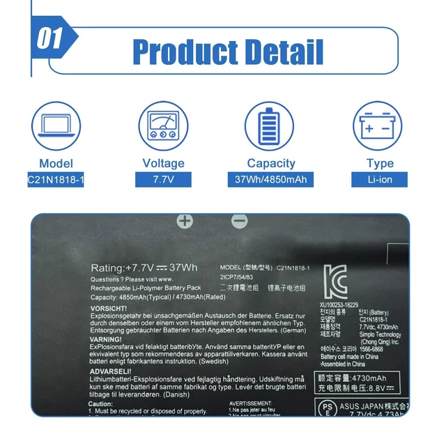 Alt view image 3 of 6 - C21N1818-1 7.7V 37Wh/4850mAh Laptop Battery Compatible with ASUS VivoBook 15 F512 X512 X512DA X512DK X512FA X512FB X512FL X512FJ Series Notebook 0B200-03190800 2ICP7/54/83