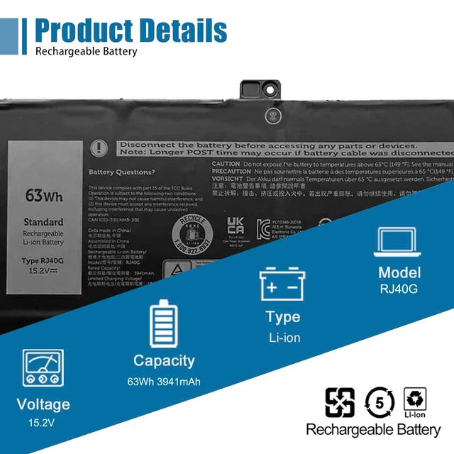 Alt view image 2 of 7 - RJ40G 63Wh Laptop Battery Replacement for Dell Latitude 15 5520 Latitude 14 5420 Precision 15 3560 Series Notebook WY9DX 01K2CF 075X16 0WK3F1 0M3KCN 15.2V 3941mAh