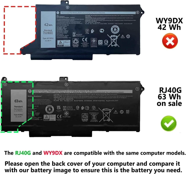 Alt view image 4 of 7 - RJ40G 63Wh Laptop Battery Replacement for Dell Latitude 15 5520 Latitude 14 5420 Precision 15 3560 Series Notebook WY9DX 01K2CF 075X16 0WK3F1 0M3KCN 15.2V 3941mAh