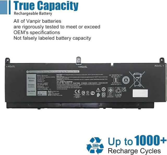 Alt view image 5 of 6 - PKWVM Laptop Battery Replacement for Dell Precision 7550 7750 7760 7560 Series C903V CR72X 0CR72X 0447VR 068N03 11.4V 7922mAh 95Wh