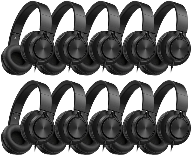Main image of Kids Headphones Bulk 10 Pack with Microphone & 3.5MM Jack, Black Classroom Students Use, K-12 School Library & Online Learning & Testing, Durable, All-Day Comfort, Foldable