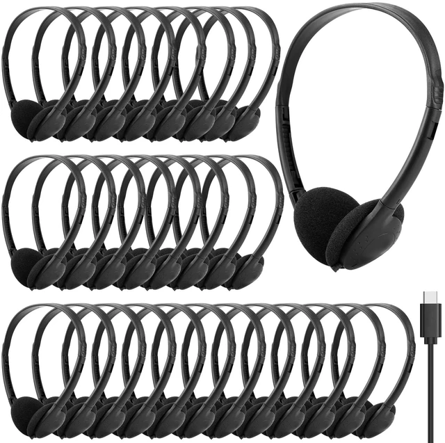 Main image of USB C Headphones Bulk 25 Pack for Classroom School Kids Wired Kids Headphones Class Set for Students Testing Compatible with Pad Smartphones Black