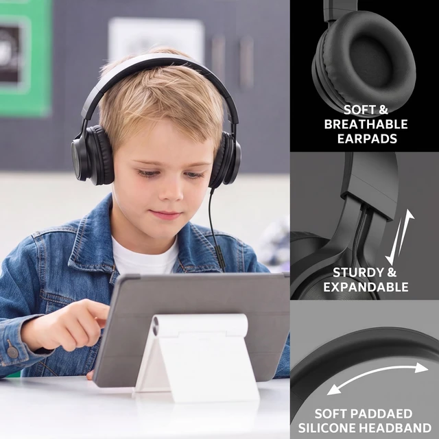 Alt view image 6 of 7 - Kids Headphones Bulk 10 Pack with Microphone & 3.5MM Jack, Black Classroom Students Use, K-12 School Library & Online Learning & Testing, Durable, All-Day Comfort, Foldable