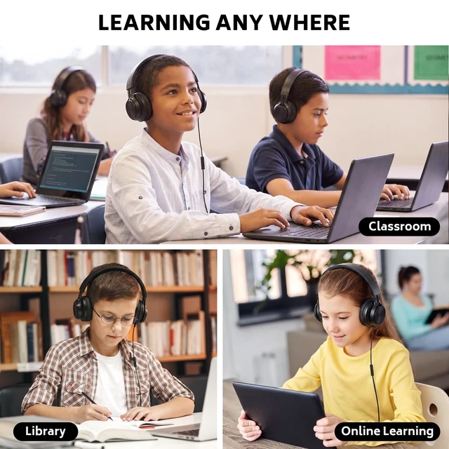 Alt view image 7 of 7 - Kids Headphones Bulk 10 Pack with Microphone & 3.5MM Jack, Black Classroom Students Use, K-12 School Library & Online Learning & Testing, Durable, All-Day Comfort, Foldable
