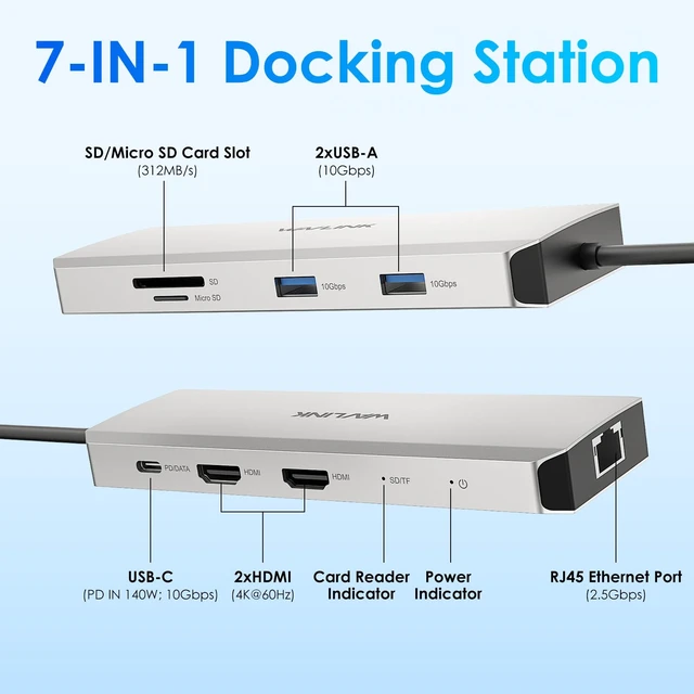 Alt view image 2 of 7 - Laptop Docking Station, Docking Station Dual HDMI Dual 4K@60Hz, 125W PD IN, 2.5G Ethernet, 2×USB-A 10Gbps, SD 4.0 312MB/s, Compatible with Windows ONLY