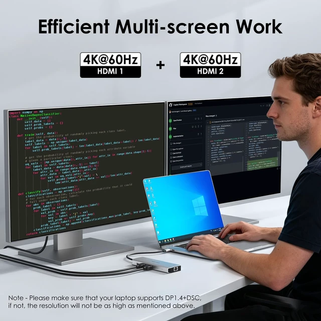 Alt view image 3 of 7 - Laptop Docking Station, Docking Station Dual HDMI Dual 4K@60Hz, 125W PD IN, 2.5G Ethernet, 2×USB-A 10Gbps, SD 4.0 312MB/s, Compatible with Windows ONLY