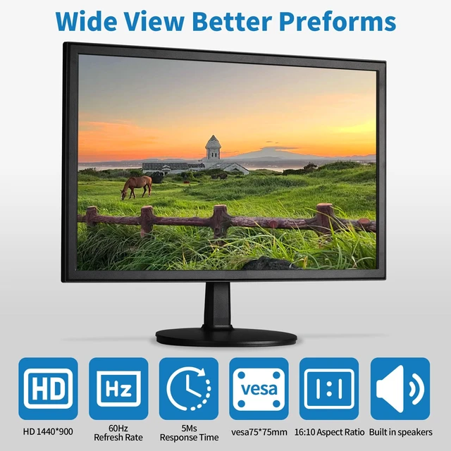 Alt view image 2 of 7 - 19" 1440x900 PC Monitor Office Monitor HDMI VGA LED Desktop Display Dual Speakers,60Hz,5ms,VESA Mounting,Wide Viewing Angle 170°,Brightness 300cd/m²,Tilt Adjust,Business Computer Screen