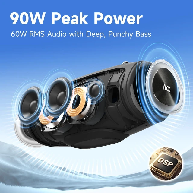 Alt view image 2 of 7 - Bluetooth Speaker Wireless, 90W Peak Loud Boombox Outdoor Speakers IPX7 Waterproof, Bass Boost, BT5.3, Broadcast Pairing, 95dB Large Subwoofer, 20H/3.5mm AUX, Portable Speaker for Party, Beach