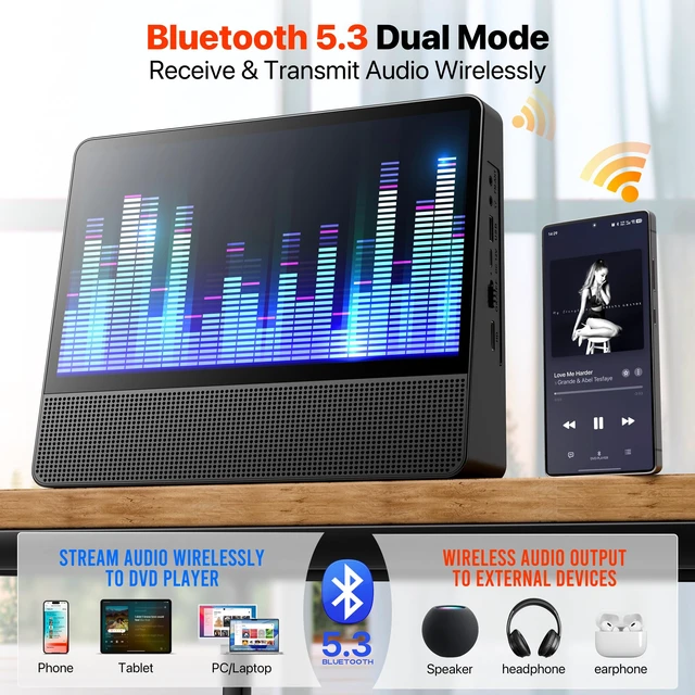 Alt view image 4 of 7 - 11.8" Portable DVD Player, 10.1" 1024x600, Bluetooth, HDMI, 4000mAh Bluetooth 5.3 TX & RX, family car travel home, 4H playback, USB/AUX, plays DVD/CD, foldable stand, resume playback