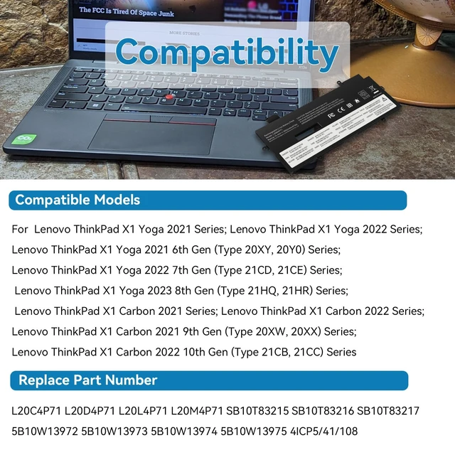 Alt view image 2 of 7 - L20M4P71 SB10T83216 Laptop Battery Replacement for Lenovo ThinkPad X1 Carbon 9th 10th 11th Gen X1 Yoga 6th 7th 8th Gen Series L20C4P71 SB10T83217 L20D4P71 L20L4P71 L20C4P71