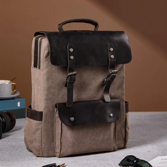Alt view image 5 of 6 - Vintage Canvas Rucksack Backpack Vintage Canvas Backpack with Leather Trim, Fits Laptop and Essentials for Travel and Daily Carry, a Classic Gift