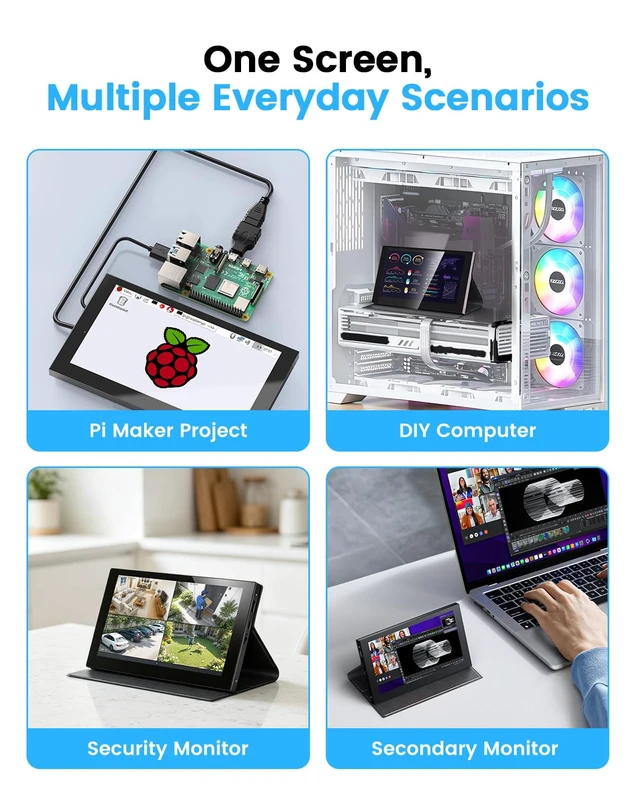 Alt view image 4 of 7 - 7" Portable Monitor for Raspberry Pi, IPS Touch Screen with Case 1024x600 Display, 5-Point Touch, Built-In Speakers, HDMI Input, Works with Windows & Linux