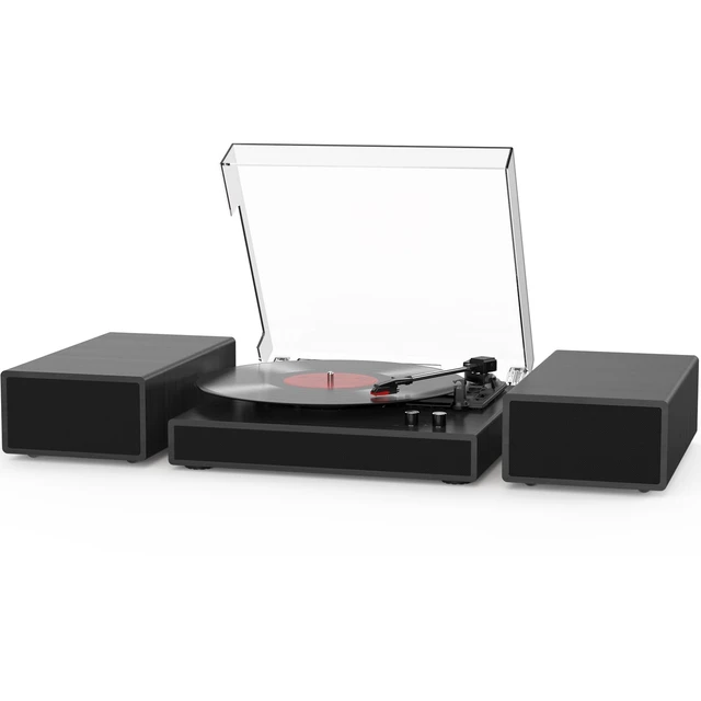 Main image of Vinyl Record Player with Dual Stereo Bookshelf Speakers Vintage Turntable with Bluetooth Wireless Playback Belt Drive 3-Speed Playback Record Player Support RCA Out Auto Stop (Black)