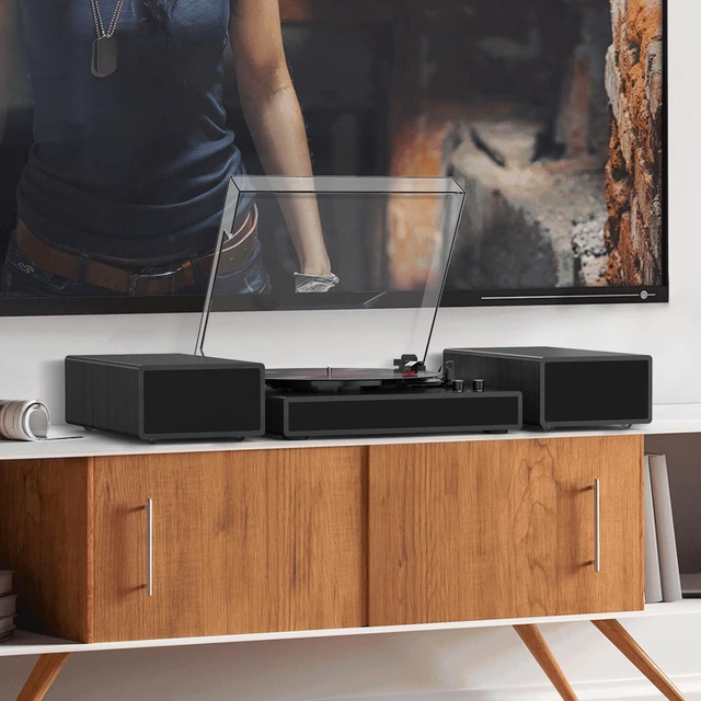 Alt view image 2 of 7 - Vinyl Record Player with Dual Stereo Bookshelf Speakers Vintage Turntable with Bluetooth Wireless Playback Belt Drive 3-Speed Playback Record Player Support RCA Out Auto Stop (Black)