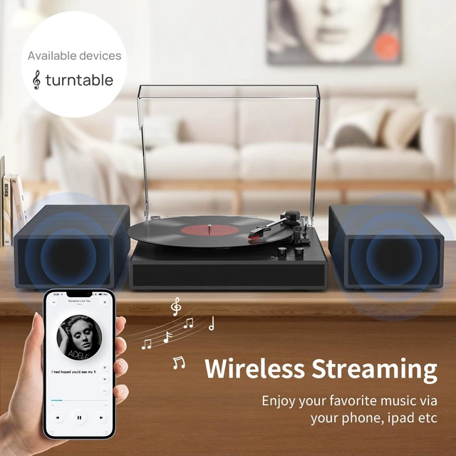 Alt view image 3 of 7 - Vinyl Record Player with Dual Stereo Bookshelf Speakers Vintage Turntable with Bluetooth Wireless Playback Belt Drive 3-Speed Playback Record Player Support RCA Out Auto Stop (Black)