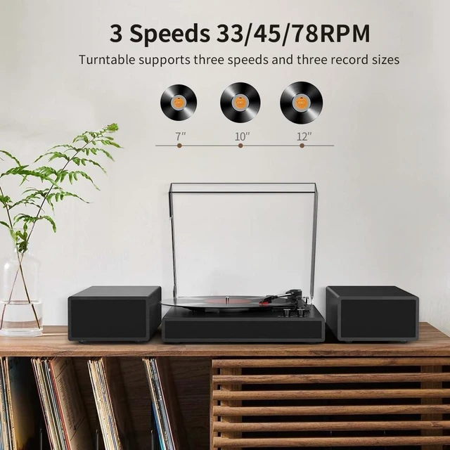 Alt view image 6 of 7 - Vinyl Record Player with Dual Stereo Bookshelf Speakers Vintage Turntable with Bluetooth Wireless Playback Belt Drive 3-Speed Playback Record Player Support RCA Out Auto Stop (Black)
