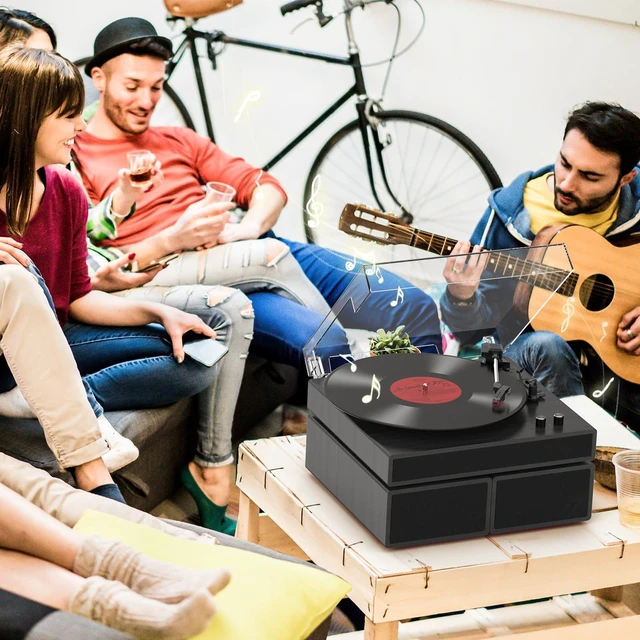 Alt view image 7 of 7 - Vinyl Record Player with Dual Stereo Bookshelf Speakers Vintage Turntable with Bluetooth Wireless Playback Belt Drive 3-Speed Playback Record Player Support RCA Out Auto Stop (Black)