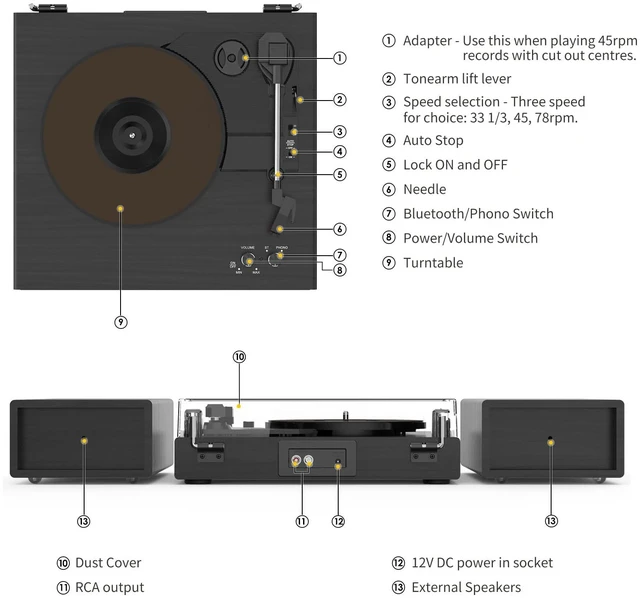 Alt view image 4 of 7 - Vinyl Record Player with Dual Stereo Bookshelf Speakers Vintage Turntable with Bluetooth Wireless Playback Belt Drive 3-Speed Playback Record Player Support RCA Out Auto Stop (Black)