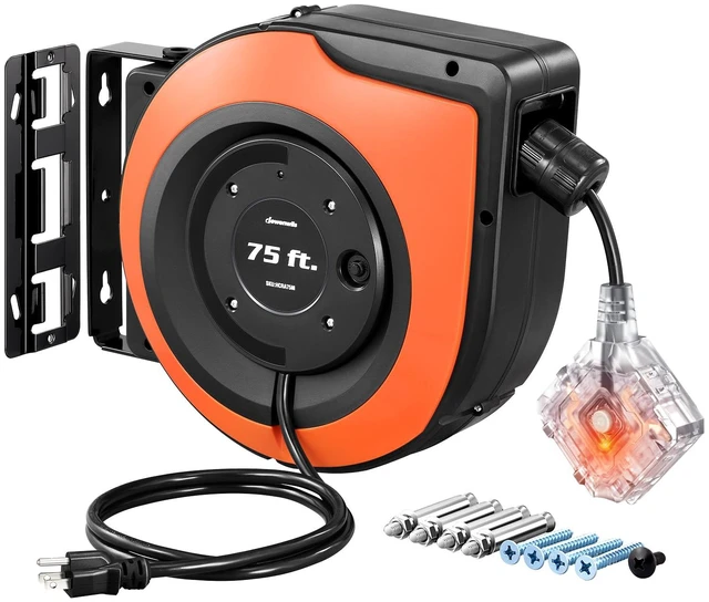 Main image of 6 Grounded Outlets Retractable Extension Cord Reel, 75FT, Orange Integrated Backlit Switch, 14/3C SJTOW, 10A Circuit Breaker, Wall/Ceiling Mounted for Garage, Workshop, ETL Listed