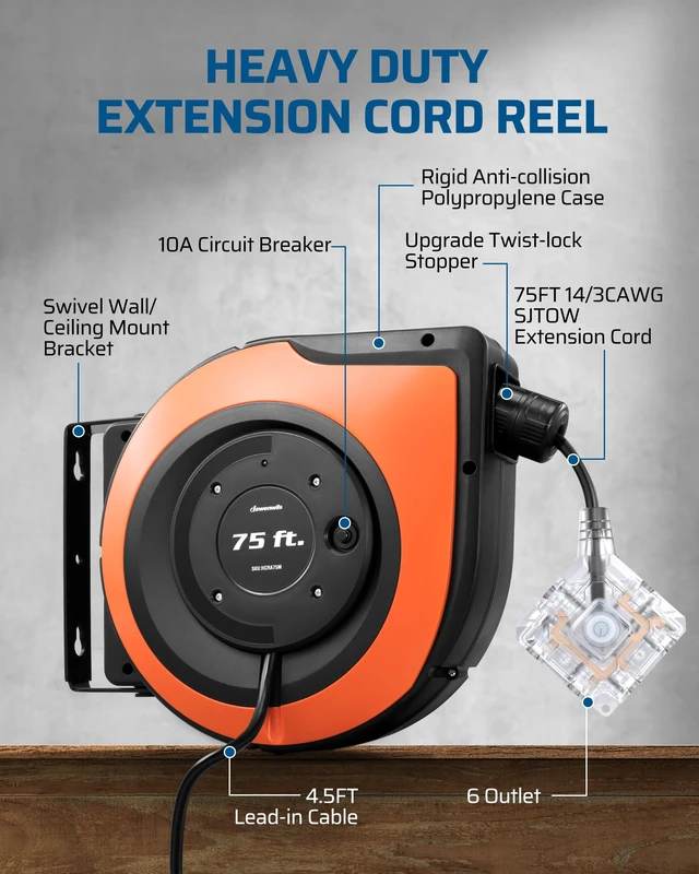 Alt view image 5 of 7 - 6 Grounded Outlets Retractable Extension Cord Reel, 75FT, Orange Integrated Backlit Switch, 14/3C SJTOW, 10A Circuit Breaker, Wall/Ceiling Mounted for Garage, Workshop, ETL Listed