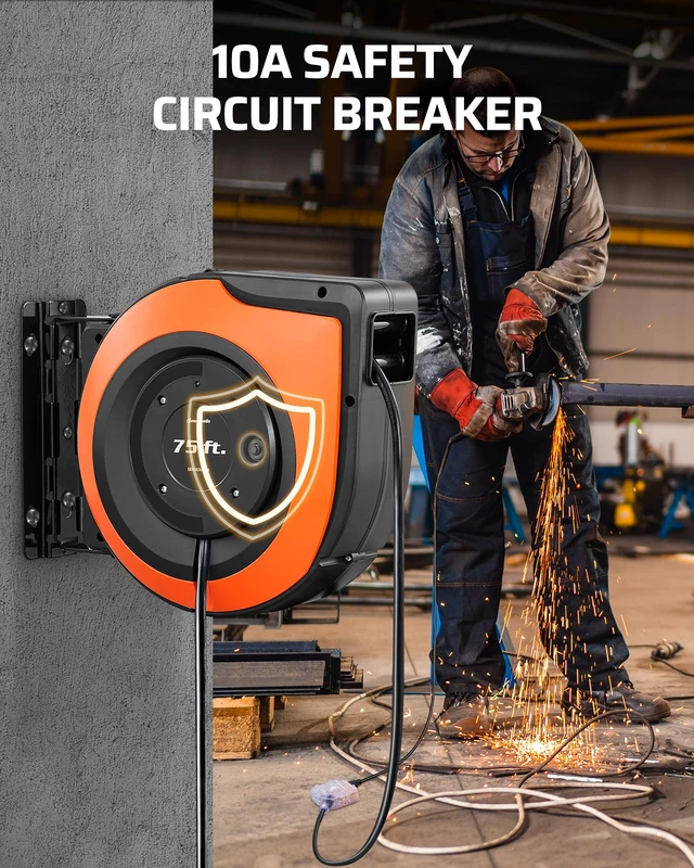 Alt view image 6 of 7 - 6 Grounded Outlets Retractable Extension Cord Reel, 75FT, Orange Integrated Backlit Switch, 14/3C SJTOW, 10A Circuit Breaker, Wall/Ceiling Mounted for Garage, Workshop, ETL Listed
