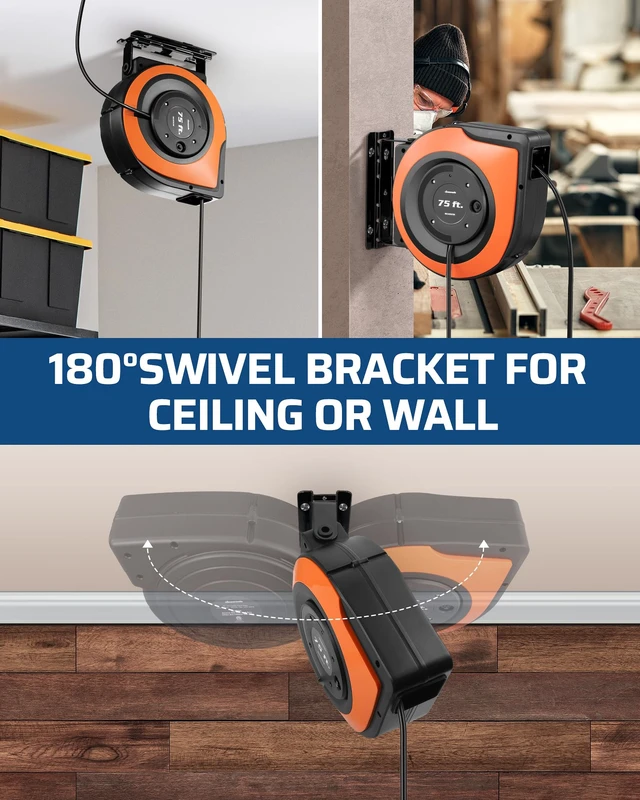 Alt view image 7 of 7 - 6 Grounded Outlets Retractable Extension Cord Reel, 75FT, Orange Integrated Backlit Switch, 14/3C SJTOW, 10A Circuit Breaker, Wall/Ceiling Mounted for Garage, Workshop, ETL Listed