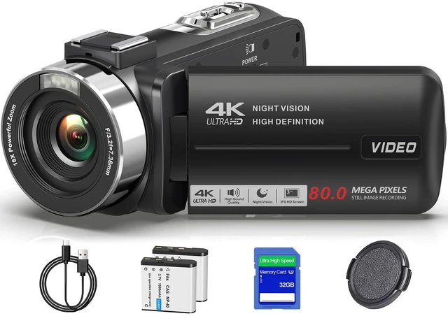 Main image of 4K 80MP Camcorder Video Camera 18X Zoom Vlogging Camera for YouTube Webcam Autofocus, IR Night Vision, 3.0" 270° Rotatable IPS Screen; Video Recorder with 32GB SD Card, Lens Cap & 2 Batteries