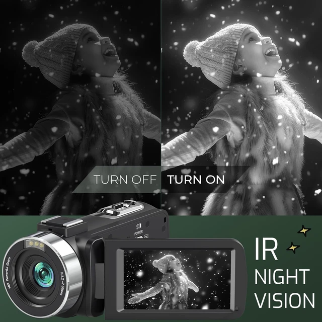 Alt view image 3 of 7 - 4K 80MP Camcorder Video Camera 18X Zoom Vlogging Camera for YouTube Webcam Autofocus, IR Night Vision, 3.0" 270° Rotatable IPS Screen; Video Recorder with 32GB SD Card, Lens Cap & 2 Batteries