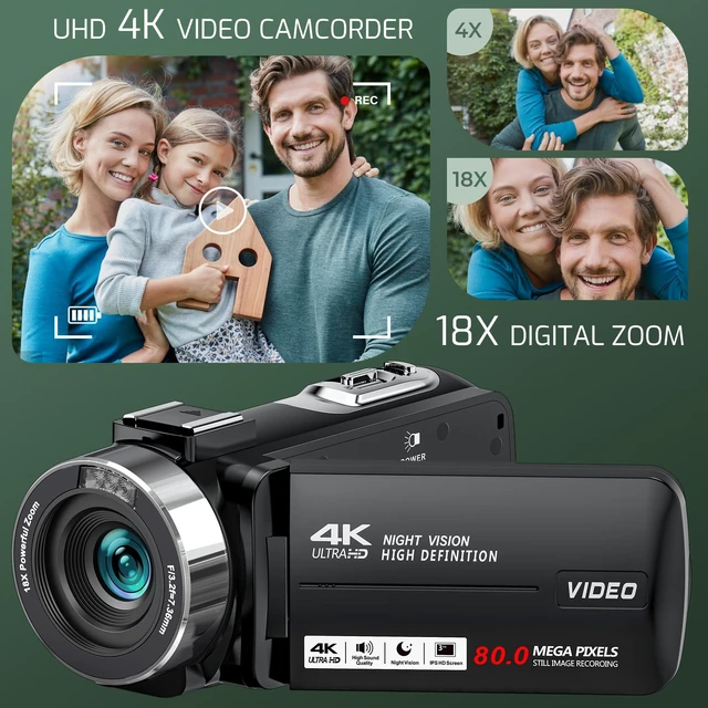 Alt view image 2 of 7 - 4K 80MP Camcorder Video Camera 18X Zoom Vlogging Camera for YouTube Webcam Autofocus, IR Night Vision, 3.0" 270° Rotatable IPS Screen; Video Recorder with 32GB SD Card, Lens Cap & 2 Batteries
