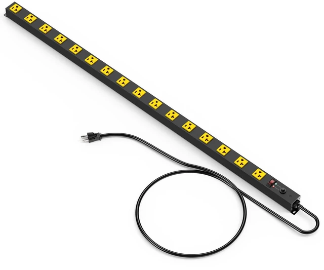 Main image of Extra Long Heavy Duty Power Strip, 12 Gauge High Amp, 4FT, Yellow Extension Cord with Wide Spaced Multiple Outlets, Wall Mount for Office, Garage, Workshop. Under Counter Surge Protector
