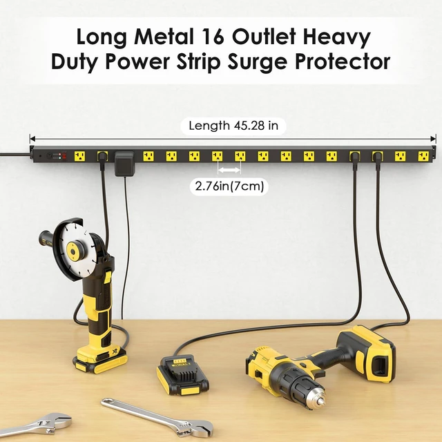 Alt view image 3 of 7 - Extra Long Heavy Duty Power Strip, 12 Gauge High Amp, 4FT, Yellow Extension Cord with Wide Spaced Multiple Outlets, Wall Mount for Office, Garage, Workshop. Under Counter Surge Protector