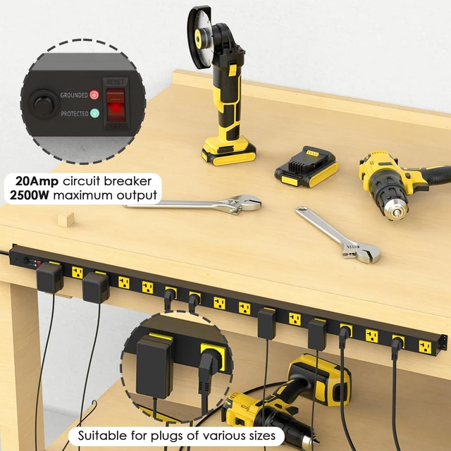 Alt view image 4 of 7 - Extra Long Heavy Duty Power Strip, 12 Gauge High Amp, 4FT, Yellow Extension Cord with Wide Spaced Multiple Outlets, Wall Mount for Office, Garage, Workshop. Under Counter Surge Protector
