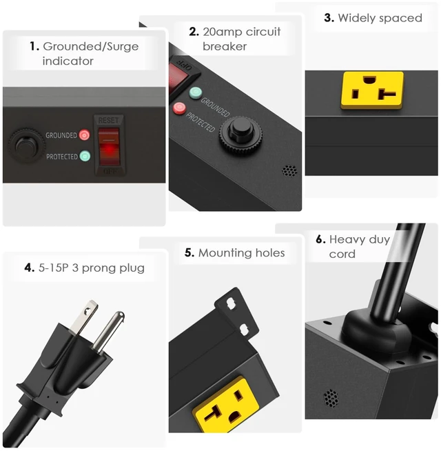 Alt view image 6 of 7 - Extra Long Heavy Duty Power Strip, 12 Gauge High Amp, 4FT, Yellow Extension Cord with Wide Spaced Multiple Outlets, Wall Mount for Office, Garage, Workshop. Under Counter Surge Protector