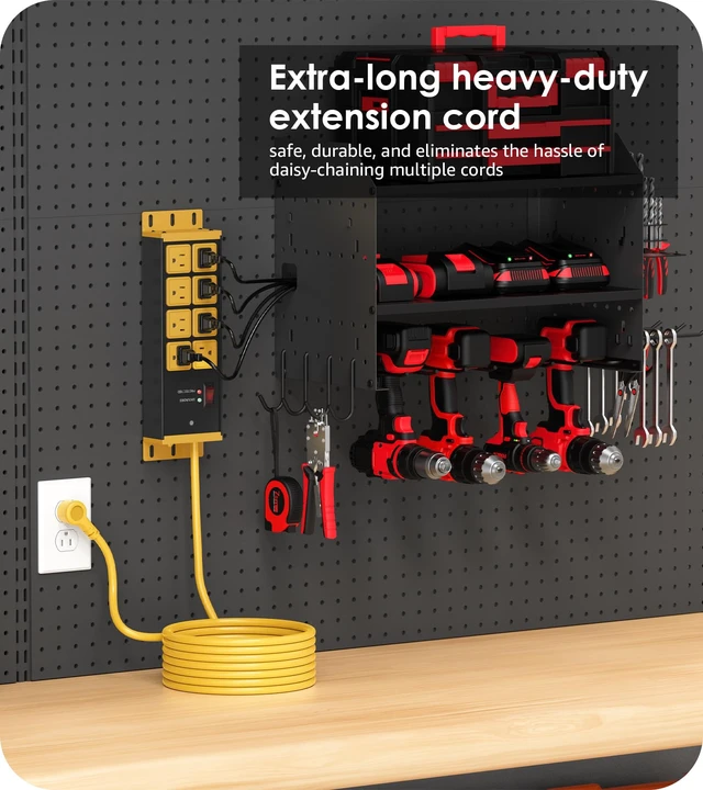 Alt view image 4 of 7 - 12 Gauge Long Extension Cord with Multiple Outlets, Yellow, 50FT. Heavy Duty Wall Mount Power Strip, Wall Flat Plug Extender, Grounding, Appliance, Garage Outdoor Surge Protector