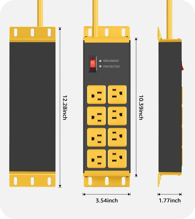 Alt view image 7 of 7 - 12 Gauge Long Extension Cord with Multiple Outlets, Yellow, 50FT. Heavy Duty Wall Mount Power Strip, Wall Flat Plug Extender, Grounding, Appliance, Garage Outdoor Surge Protector